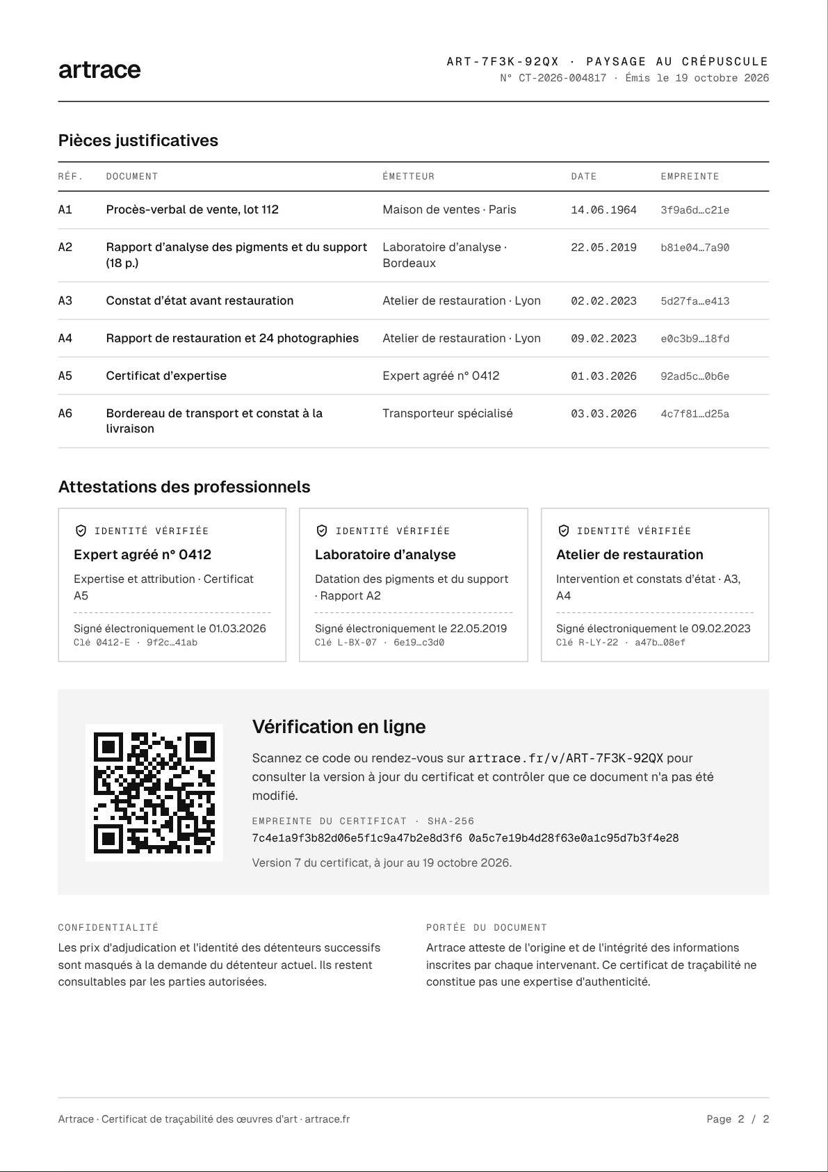 Page 2 du certificat Artrace